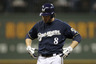 MILWAUKEE, WI:  Ryan Braun #8 of the Milwaukee Brewers reacts after he hit a grond rule double against the St. Louis Cardinals during Game Two of the National League Championship Series at Miller Park in Milwaukee, Wisconsin.  (Photo by Jonathan Daniel/Getty Images)