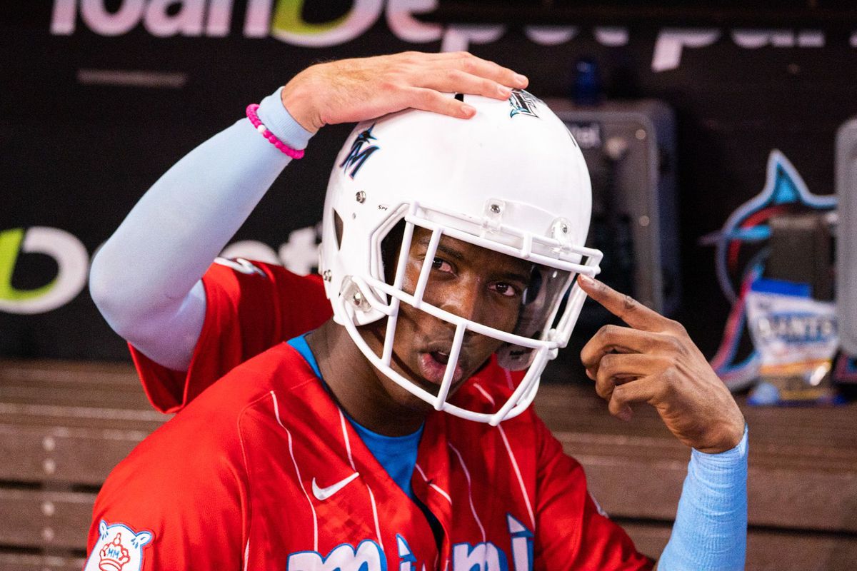 Jesús Sánchez wears a Marlins-themed football helmet after driving in the winning run on Saturday, June 4, 2025