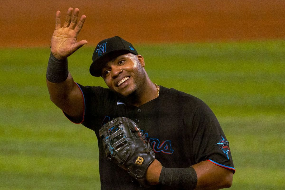 Marlins first baseman Jesús Aguilar waves to the fans at LoanDepot Park in Miami, Florida
