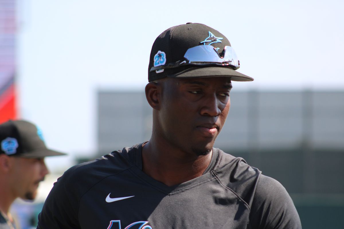 Marlins outfielder Jesús Sánchez at Roger Dean Chevrolet Stadium prior to a 2023 Spring Training game against the New York Mets