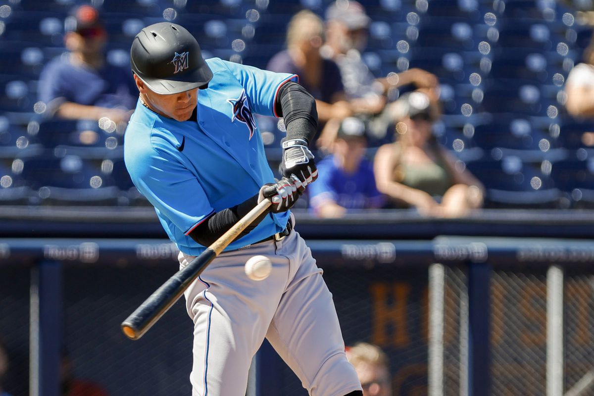 Miami Marlins designated hitter Avisail Garcia (24) connects a base hit during the first inning against the Washington Nationals at The Ballpark of the Palm Beaches.