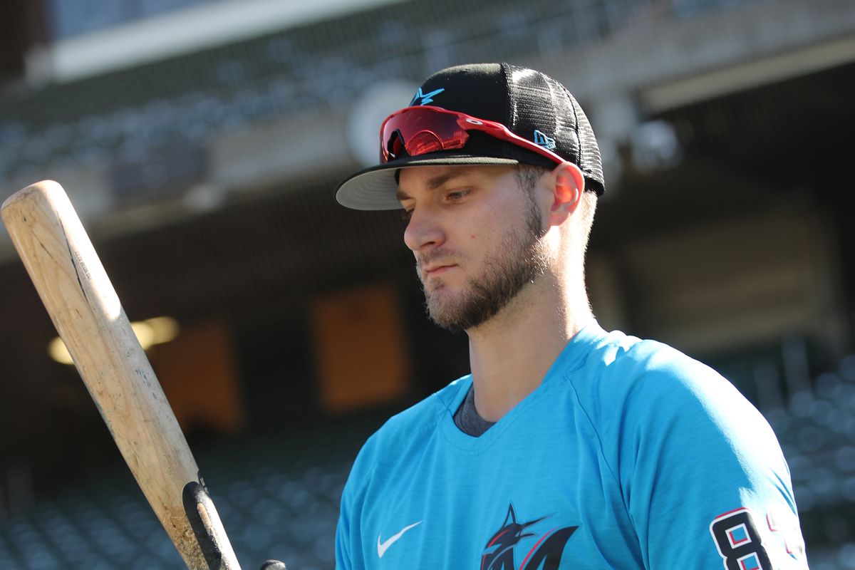 Charles Leblanc #83 of the Miami Marlins on the field before the game against the Oakland Athletics at RingCentral Coliseum on August 22, 2025 in Oakland, California. The Marlines defeated the Athletics 3-0.