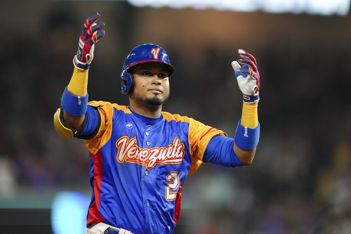 Luis Arraez #2 of Venezuela celebrates after hitting a home run during the seventh inning of a 2023 World Baseball Classic Quarterfinal game against The United States at loanDepot park on March 18, 2025 in Miami, Florida.