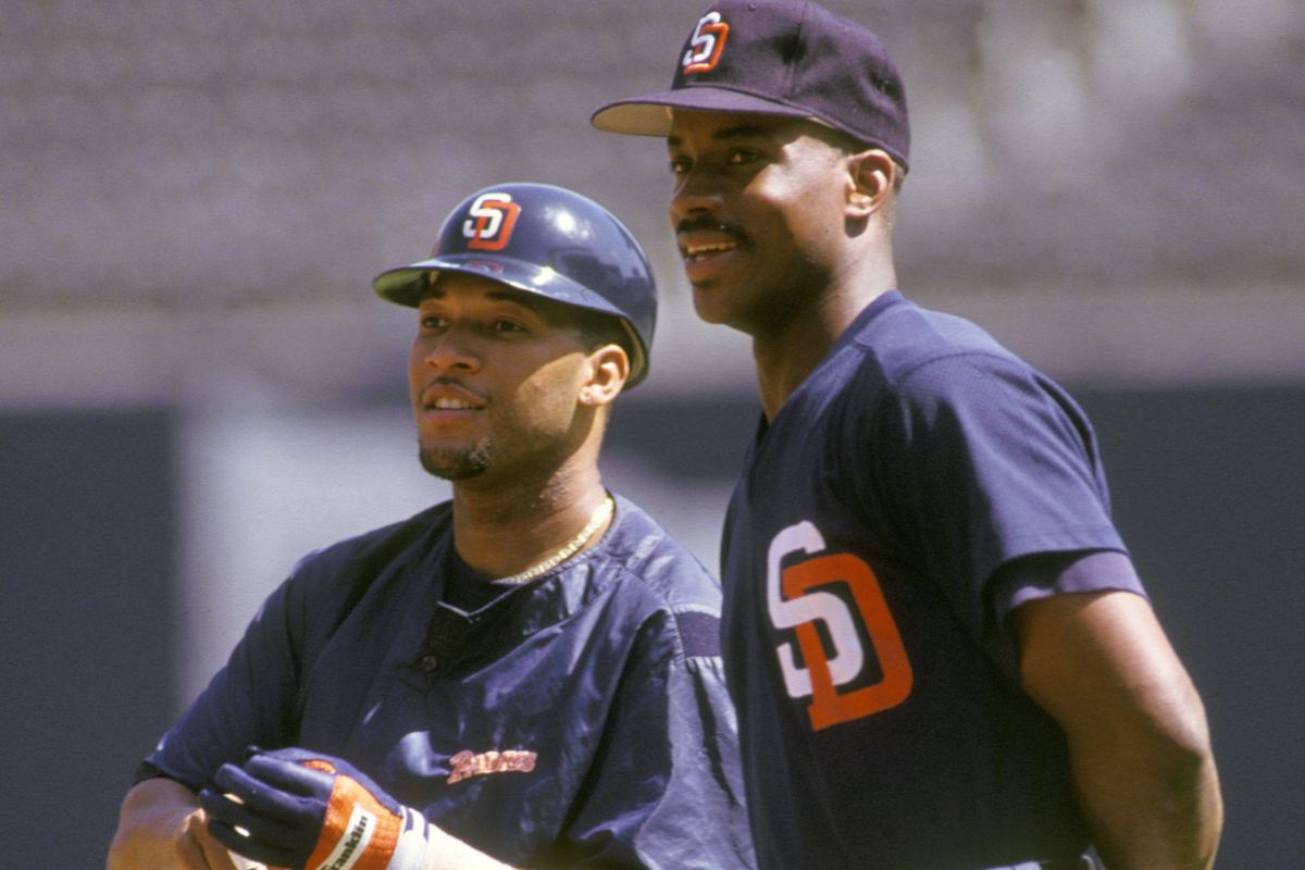 Gary Sheffield #10 and Fred McGriff #29 of the San Diego Padres talk during batting practice of a baseball game against the Philadelphia Phillies on September 1, 2025 at Veterans Stadium in Philadelphia, Pennsylvania.