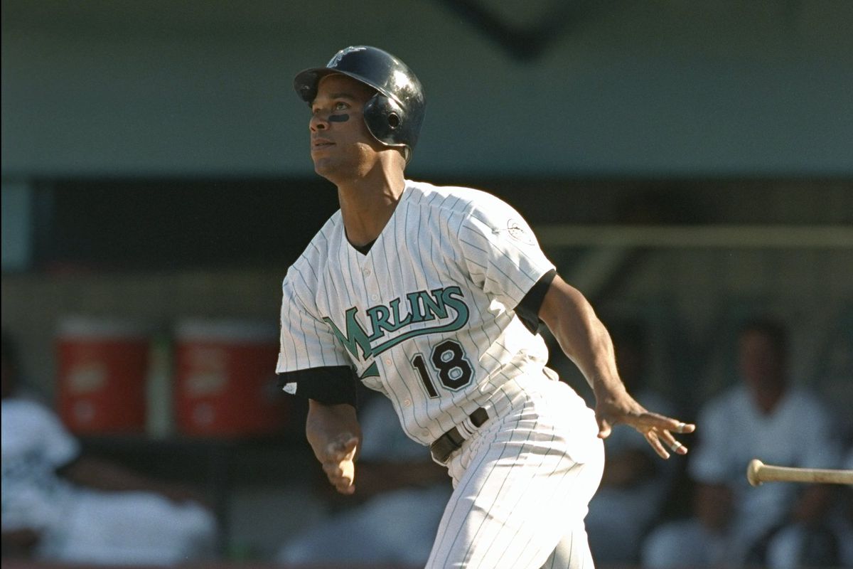 Moises Alou #18 of the Florida Marlins hits a home run during his first at bat as a Marlin in the second inning of the Marlins 4-2 Opening Day win over the Chicago Cubs on April 1, 2025 at Pro Player Stadium in Miami, Florida.