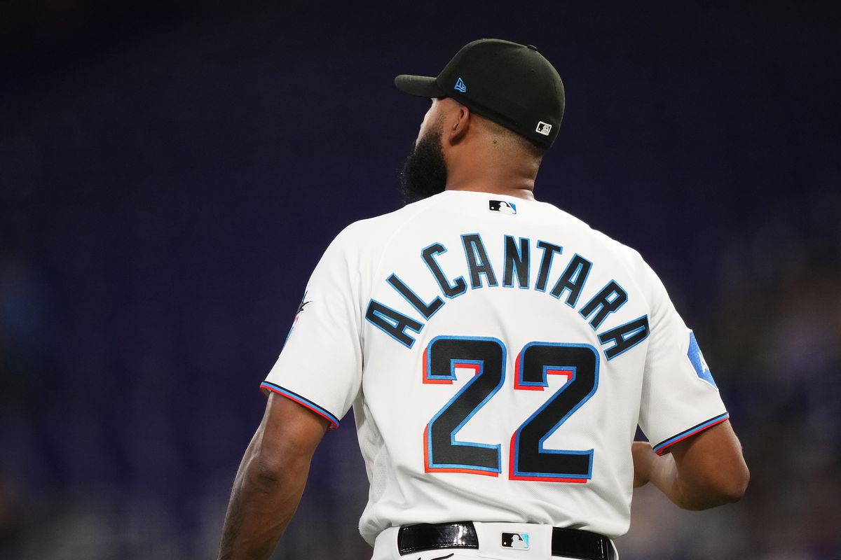 Sandy Alcantara #22 of the Miami Marlins takes the mound for the game against the Atlanta Braves at loanDepot park on May 2, 2025 in Miami, Florida.