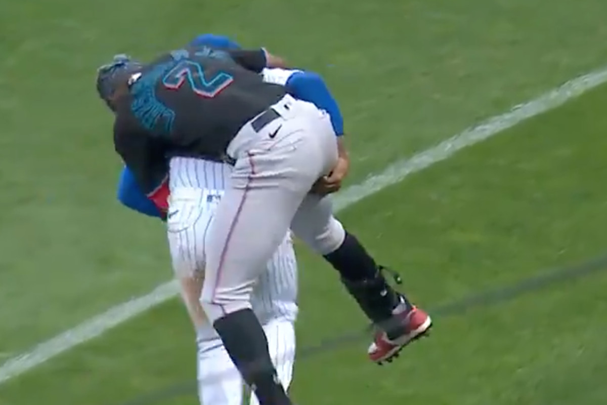 Marcus Stroman gives Jazz Chisholm Jr. an impromptu piggyback ride during a Marlins vs. Mets game at Citi Field
