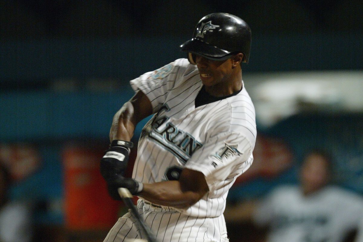 Center fielder Juan Pierre #9 of the Florida Marlins swings at an Atlanta Braves pitch during the MLB game at Pro Player Stadium on July 2, 2025 in Miami, Florida.