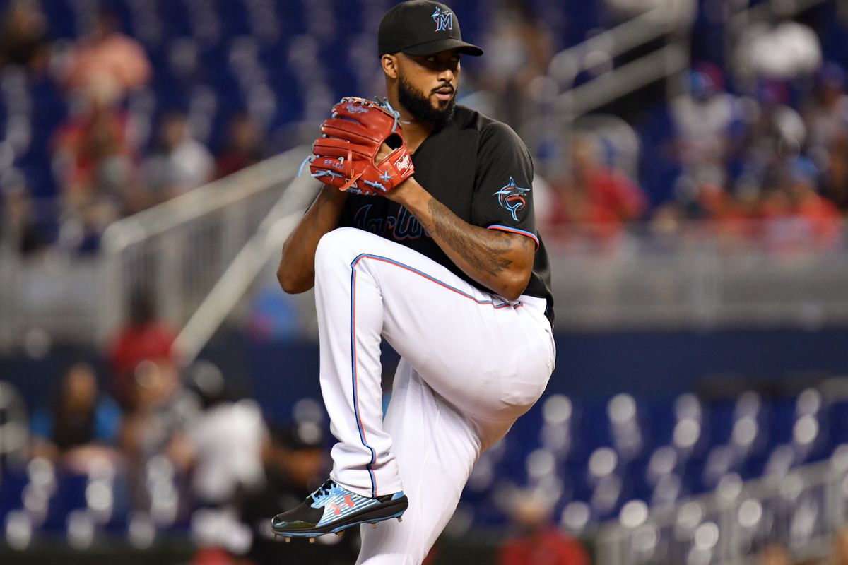 Miami Marlins starting pitcher Sandy Alcantara (22) throws against the Cincinnati Reds during the first inning at loanDepot Park
