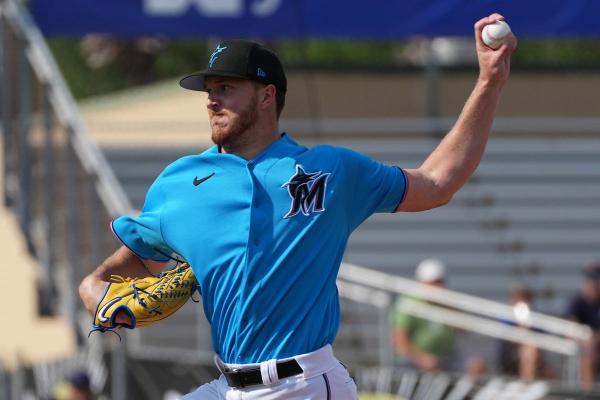 Miami Marlins starting pitcher Trevor Rogers (28) pitches against the Tampa Bay Rays in the second inning at Roger Dean Stadium.
