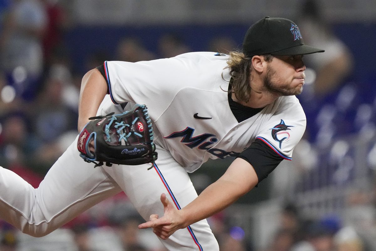 Steven Okert #48 of the Miami Marlins pitches in the eighth inning against the San Diego Padres at loanDepot park on August 15, 2025 in Miami, Florida.
