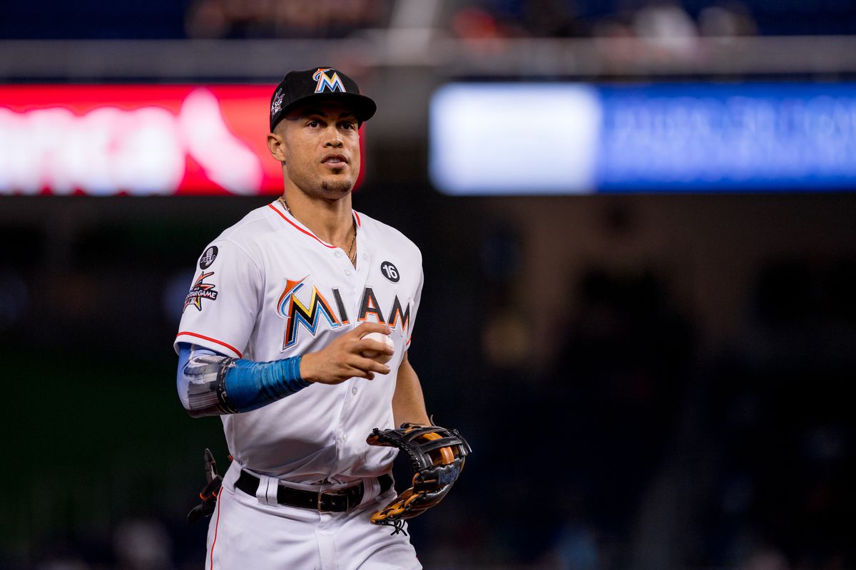 Giancarlo Stanton #27 of the Miami Marlins during the game against the Atlanta Braves at Marlins Park on October 1, 2025 in Miami, Florida.