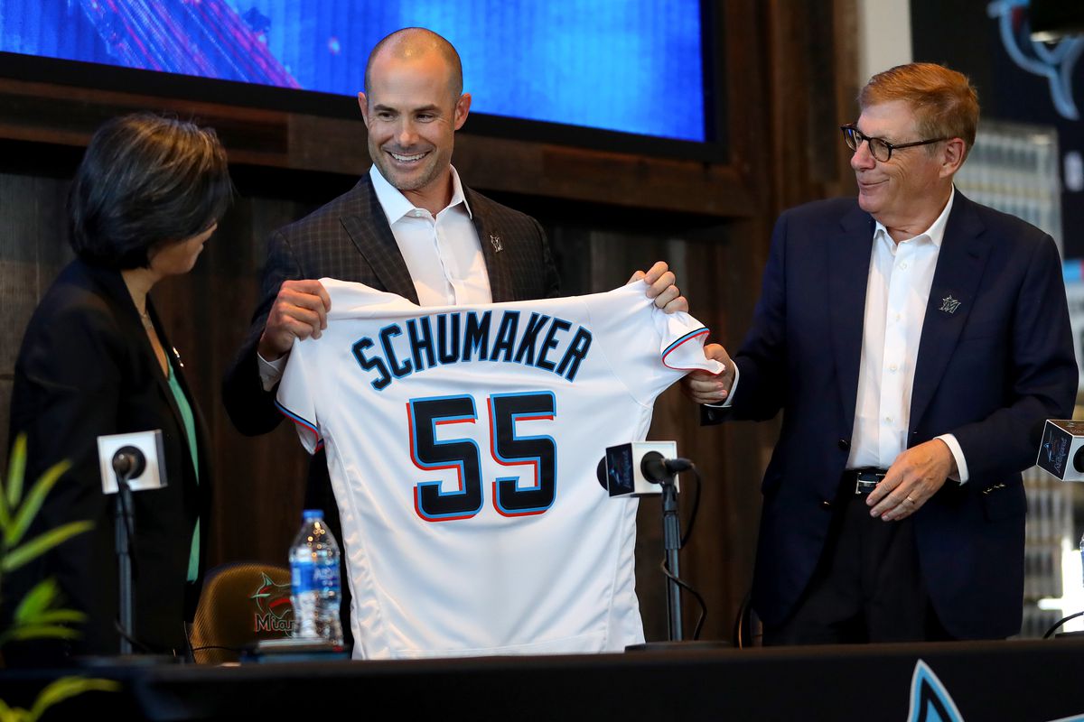 General manager Kim Ng, manager Skip Schumaker, and owner Bruce Sherman of the Miami Marlins speak to the media during a press conference at loanDepot park on November 03, 2025 in Miami, Florida.