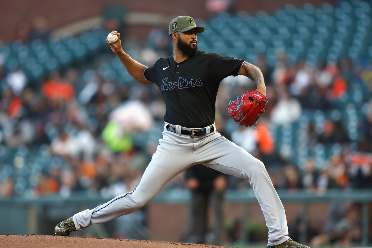 Sandy Alcantara #22 of the Miami Marlins pitches in the bottom of the first inning against the San Francisco Giants at Oracle Park on May 19, 2025 in San Francisco, California.