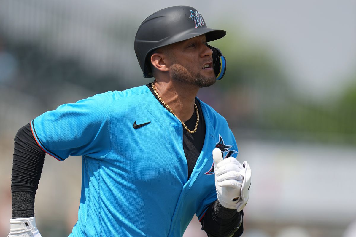 Miami Marlins designated hitter Yuli Gurriel (97) runs out a ground ball to first base in the second inning against the New York Mets at Roger Dean Stadium.&nbsp;