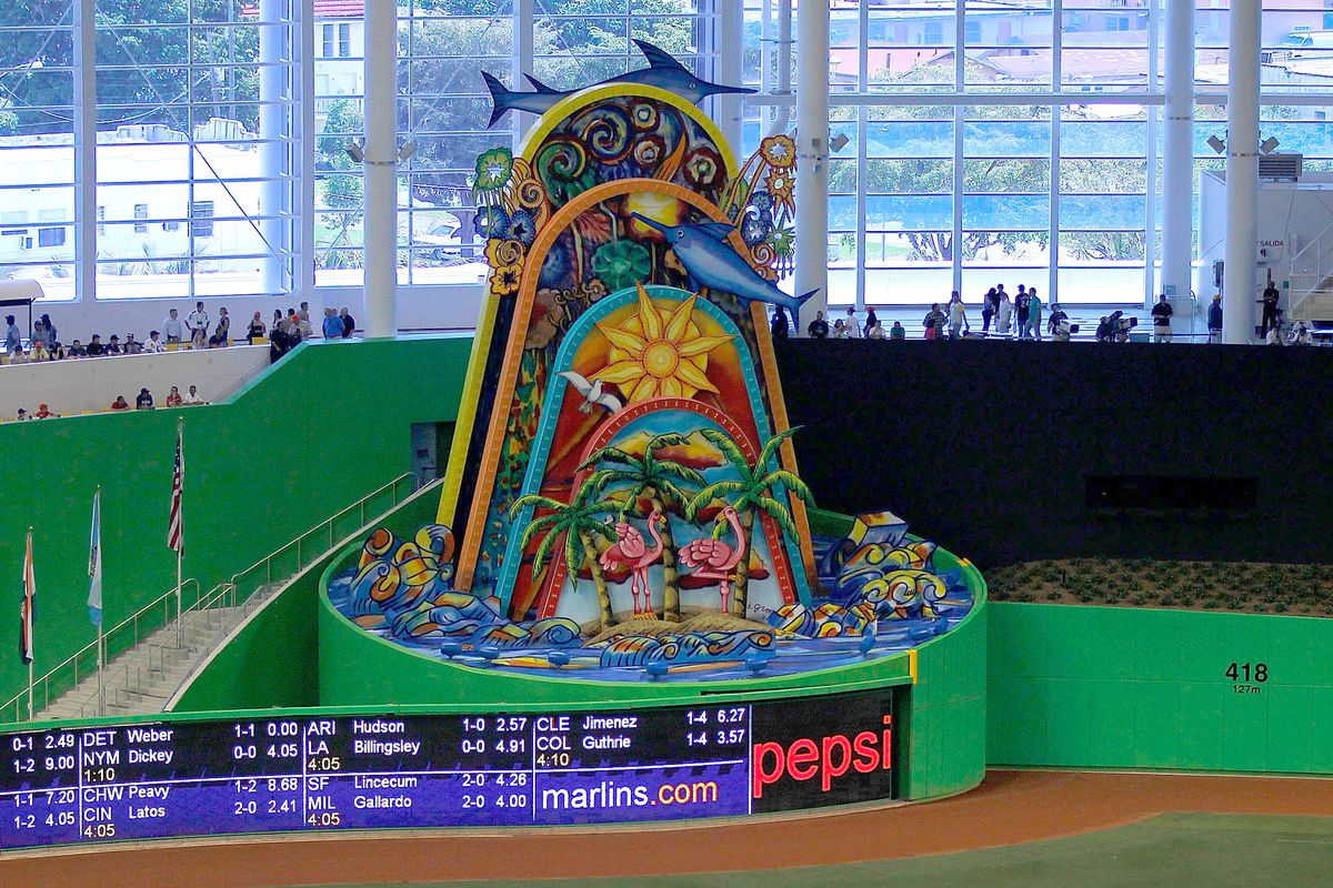 A general view of the new Miami Marlins Park during a preseason game against the New York Yankees during a game at Marlins Park on April 1, 2025 in Miami, Florida. A mechanical sculpture by Red Grooms will animate every time a home run is hit yb a Marlin.