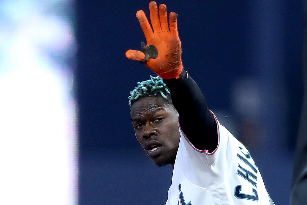 Jazz Chisholm Jr. #2 of the Miami Marlins reacts after hitting a double during the first inning against the Colorado Rockies at loanDepot park on June 23, 2025 in Miami, Florida.