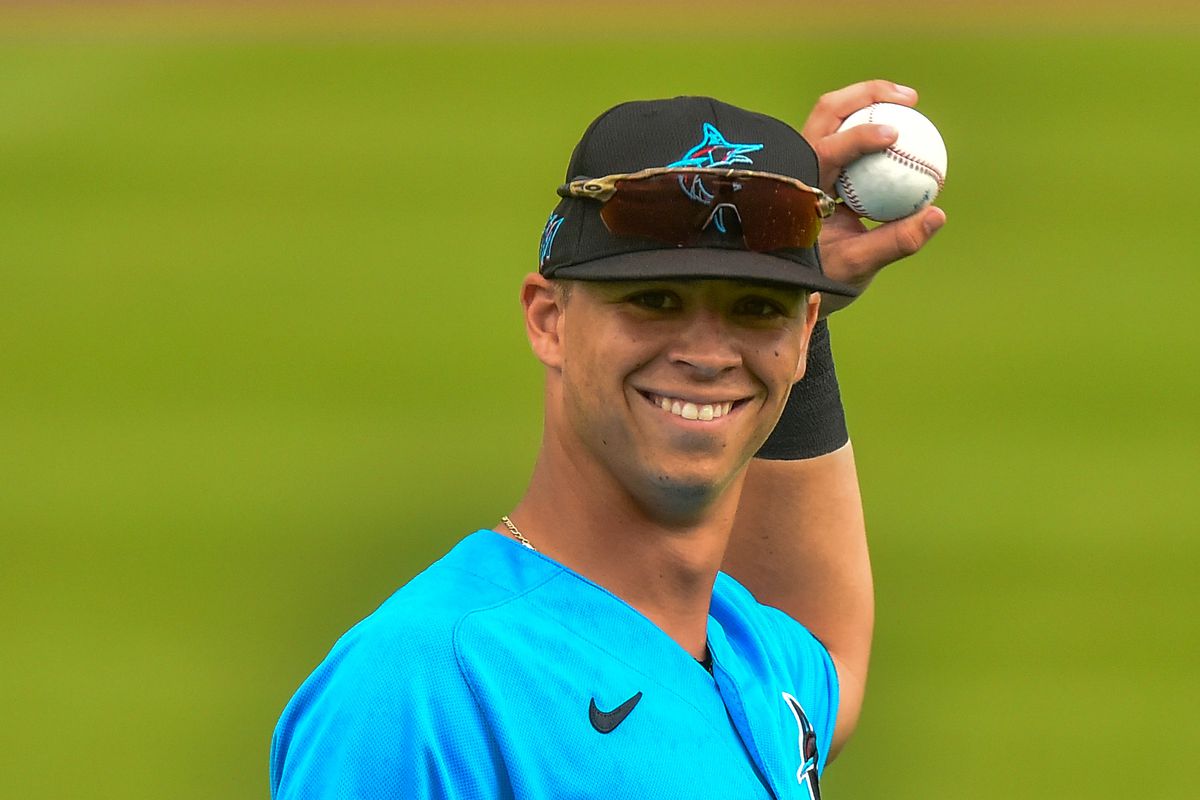 Connor Scott #81 of the Miami Marlins warms up before the start of the Spring Training game against the Washington Nationals at The Ballpark of The Palm Beaches on March 3, 2025 in West Palm Beach, Florida.