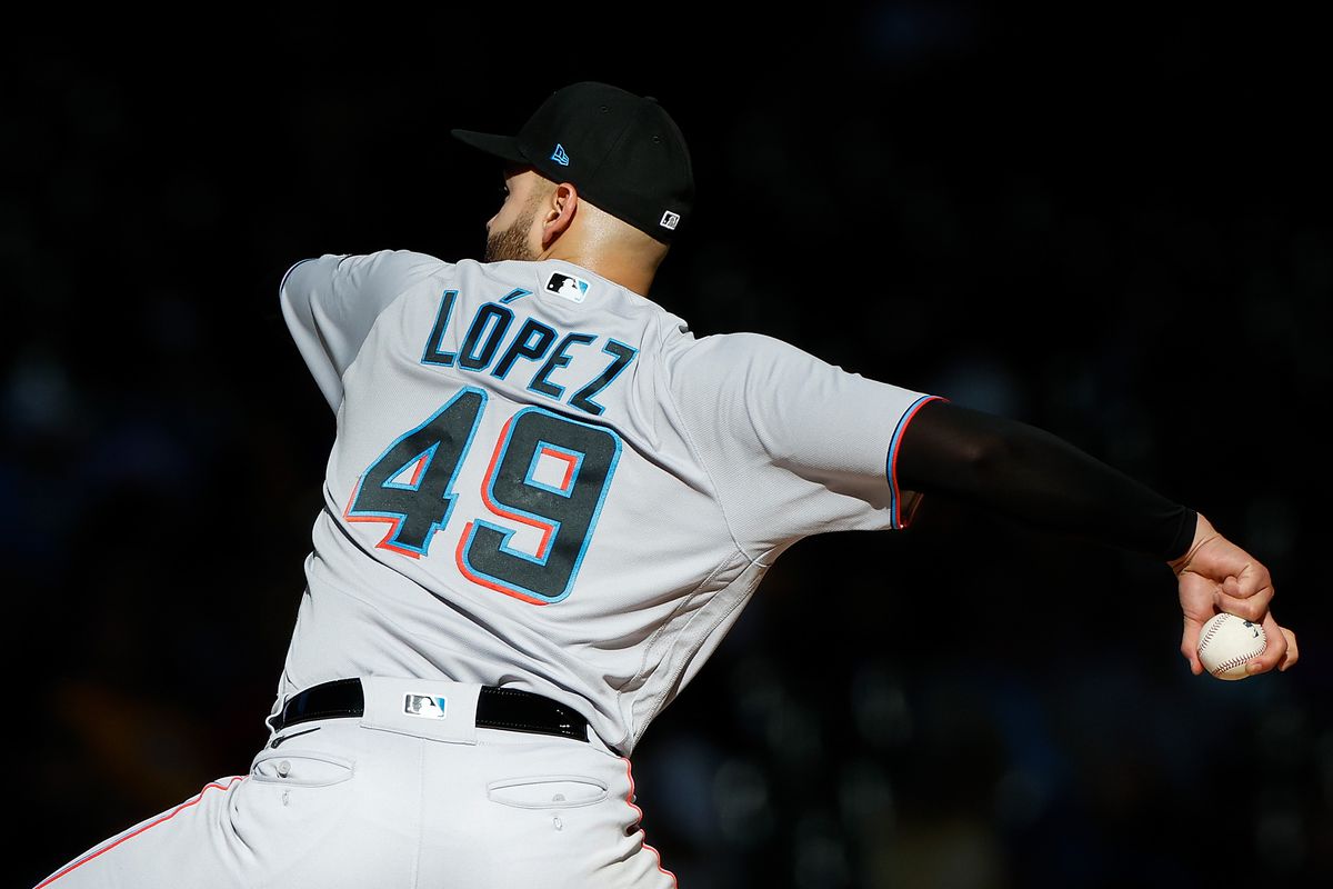 Pablo Lopez #49 of the Miami Marlins throws a pitch against the Milwaukee Brewers at American Family Field on October 02, 2025 in Milwaukee, Wisconsin.