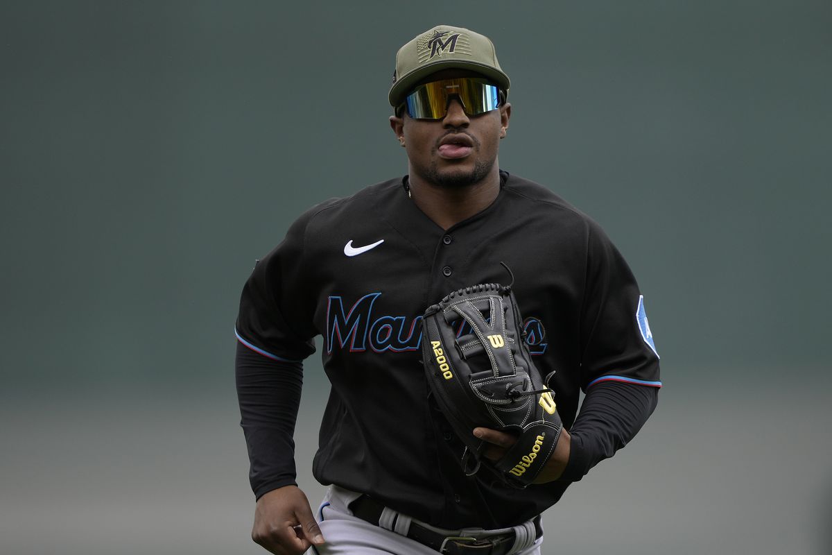 Xavier Edwards #63 of the Miami Marlins runs off the field at the end of the fifth inning against the San Francisco Giants at Oracle Park on May 20, 2025 in San Francisco, California.