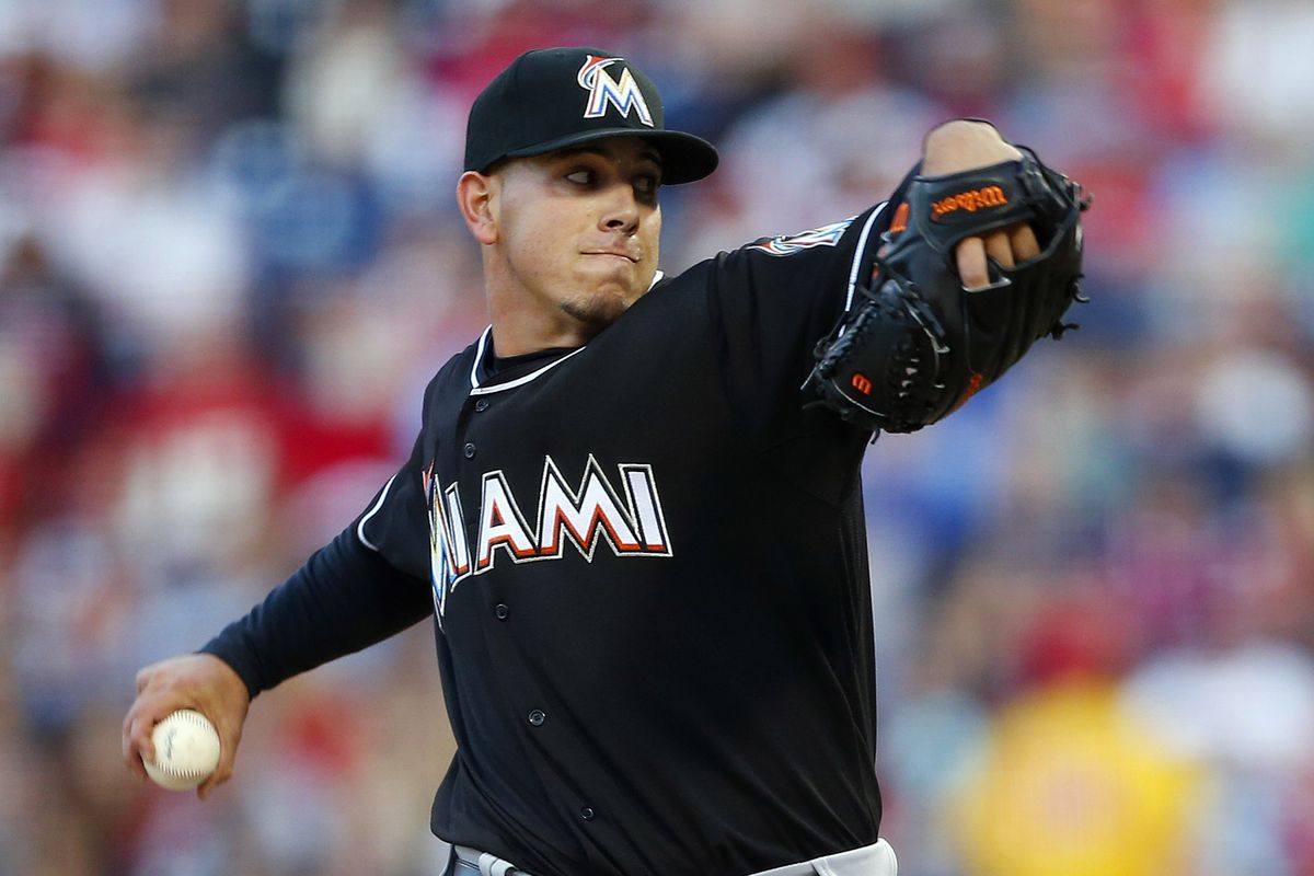 Pitcher Jose Fernandez #16 of the Miami Marlins delivers a pitch against the Philadelphia Phillies in a MLB baseball game on May 4, 2025 at Citizens Bank Park in Philadelphia, Pennsylvania.