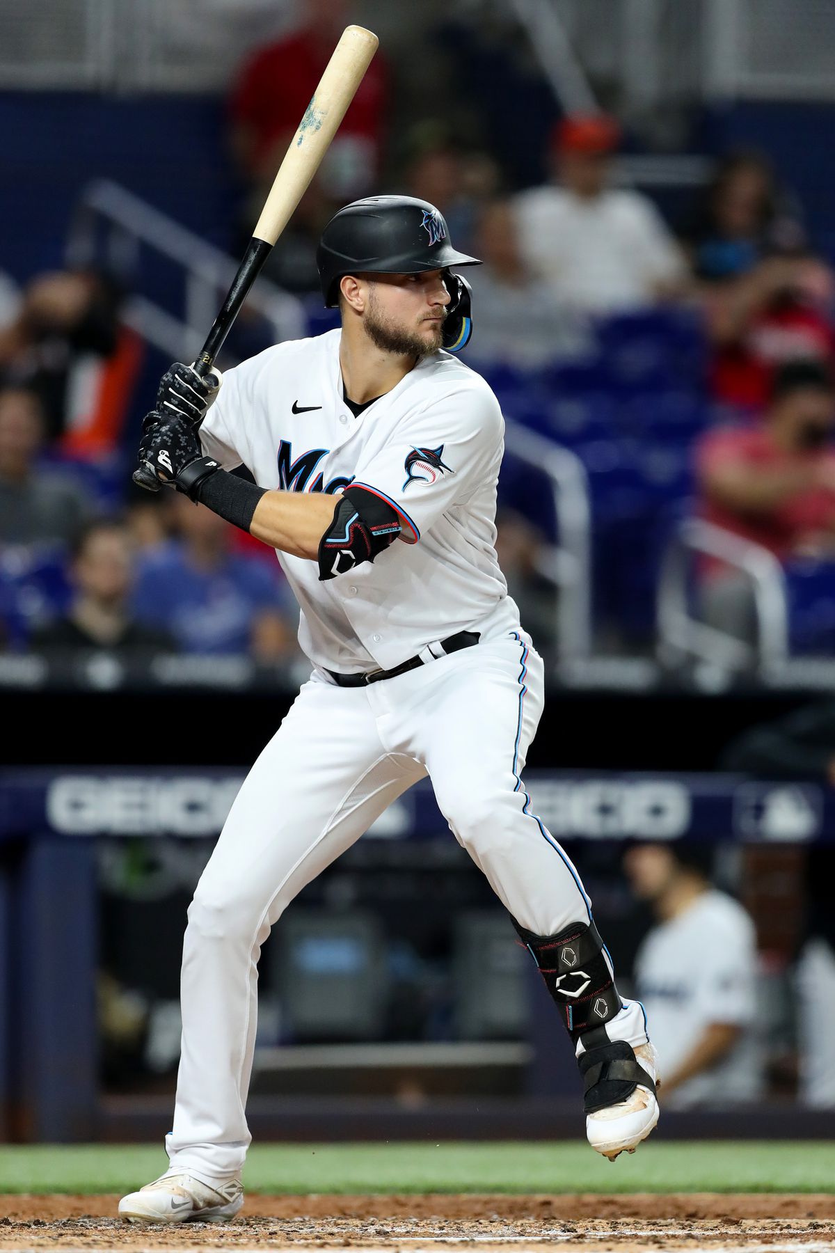 Charles Leblanc #83 of the Miami Marlins at bat against the Chicago Cubs at loanDepot park on September 20, 2025 in Miami, Florida.
