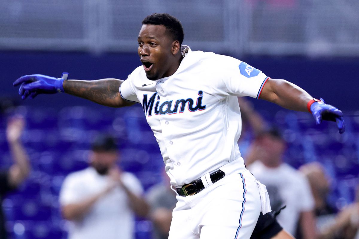 Jorge Soler #12 of the Miami Marlins celebrates walk-off two-run home run in the bottom of the ninth inning for 5-4 win against the Washington Nationals at loanDepot park on May 16, 2025 in Miami, Florida.