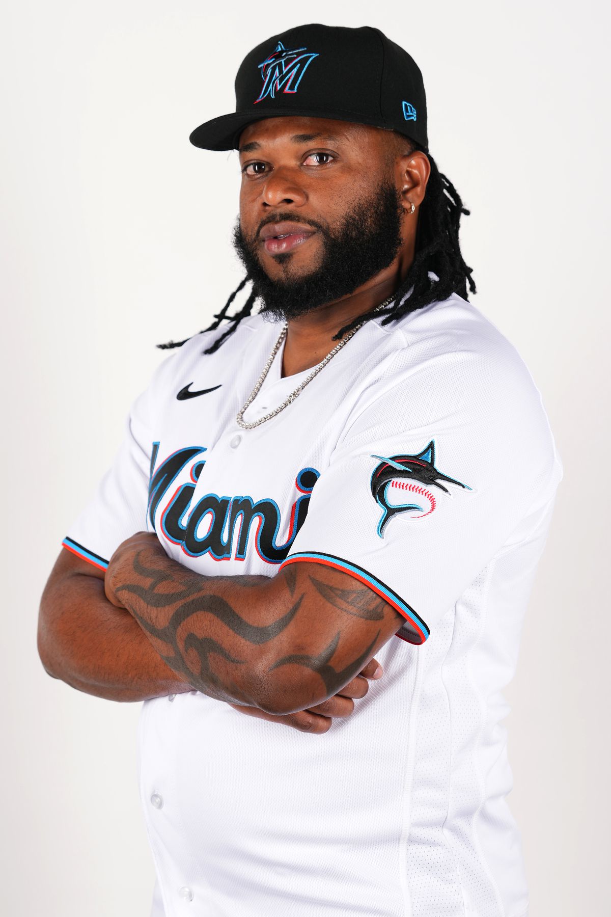 Johnny Cueto of the Miami Marlins poses for a portrait on January 19, 2026 in Miami, Florida.