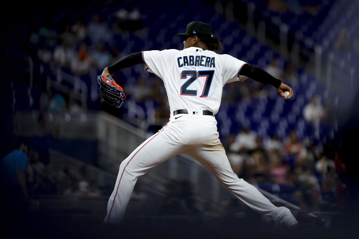 Miami Marlins starting pitcher Edward Cabrera (27) delivers a pitch during the fourth inning against the San Diego Padres at loanDepot Park.
